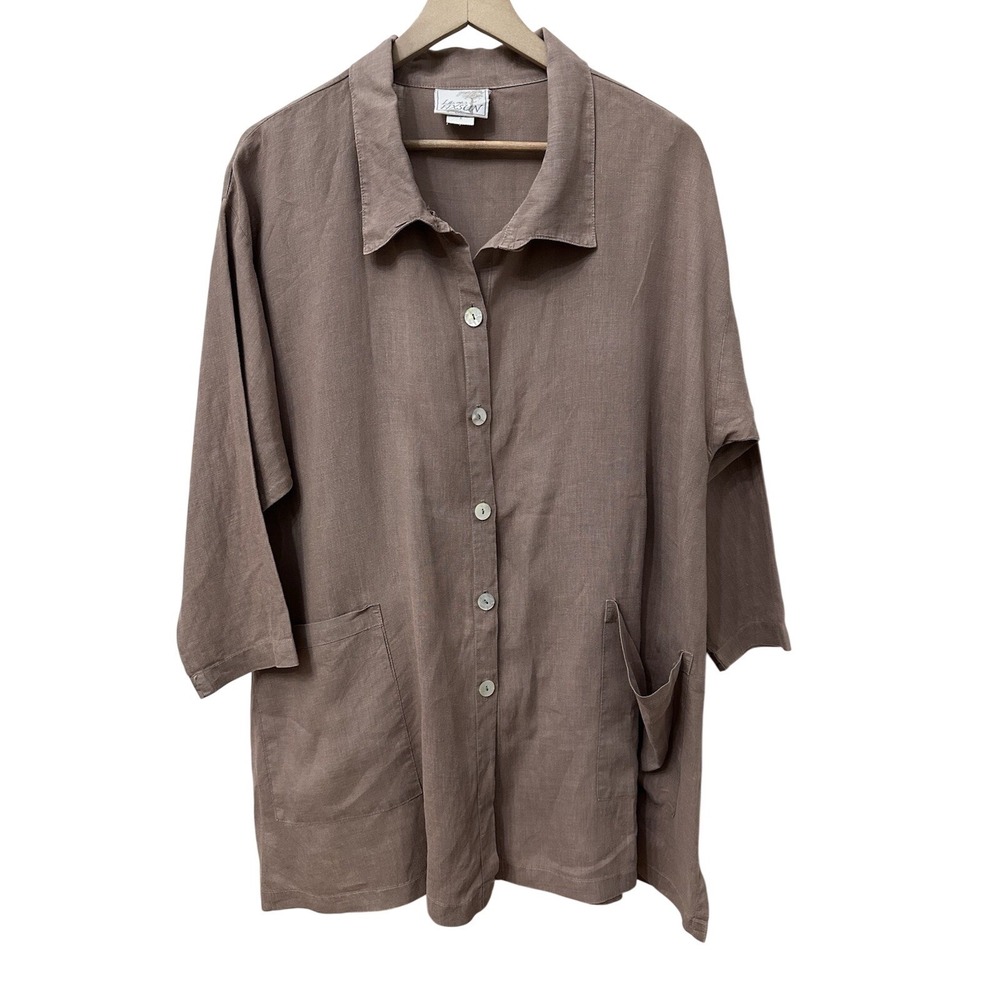 La Fixsun Linen Tunic Small Taupe Brown Button Down Pockets Made in USA